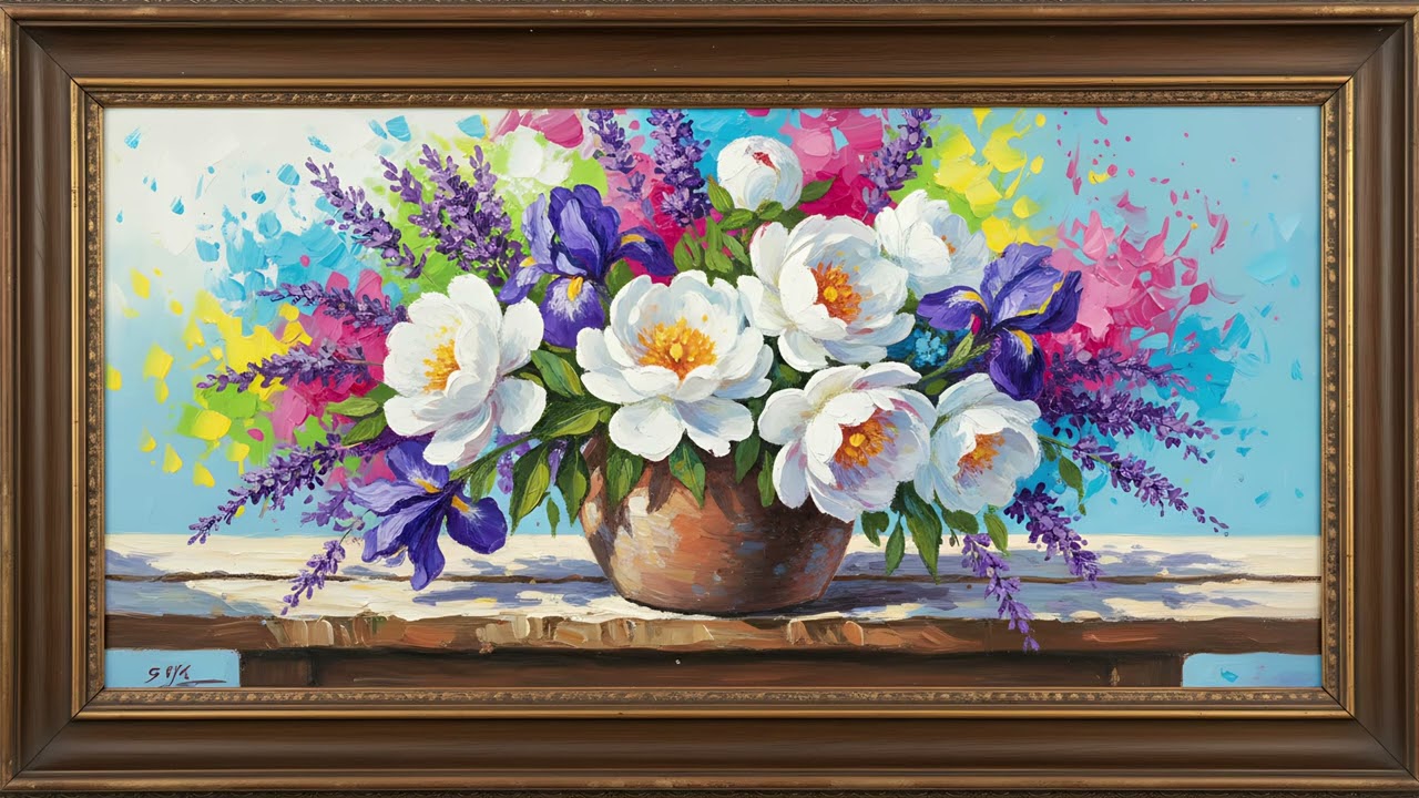 Flower Vase Painting | Gold Frame TV Art | Vintage Floral Screensaver for TV | 2 Scenes - 2 Hrs
