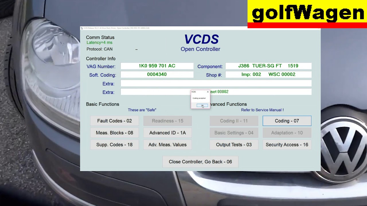 VW Golf 5 folding mirror coding