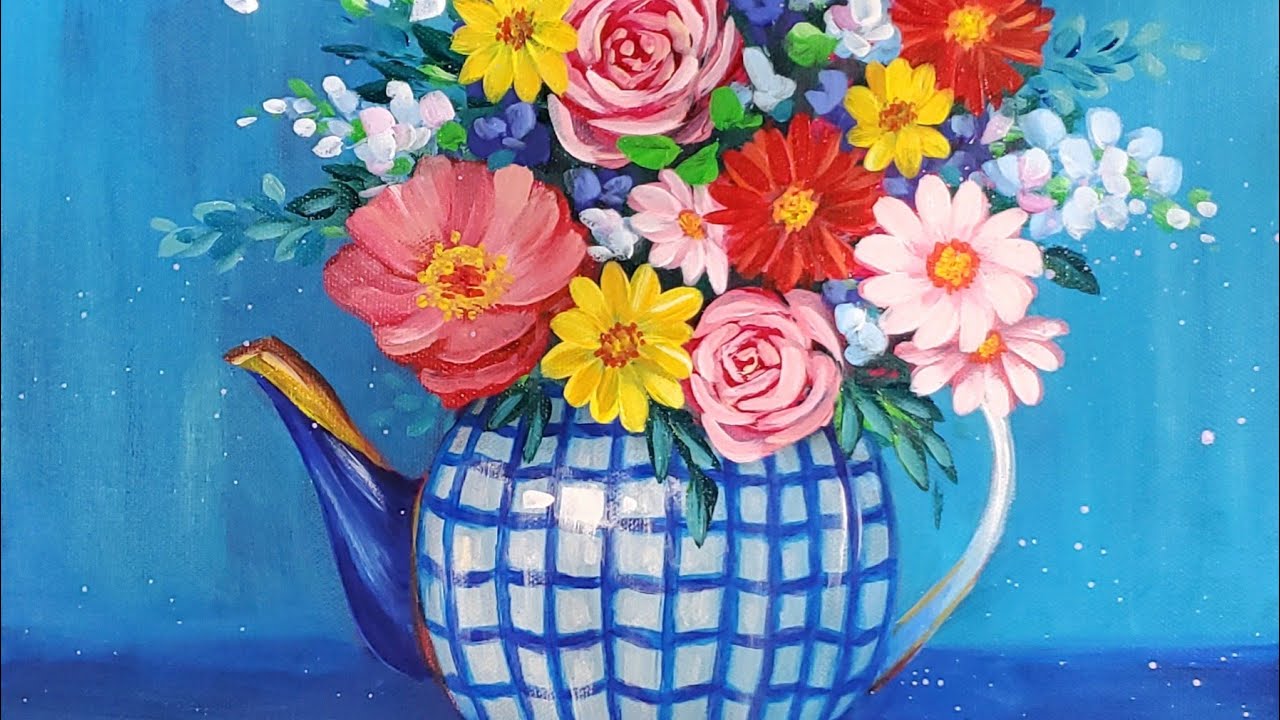 Blue Teapot with Flowers Acrylic Painting LIVE Tutorial