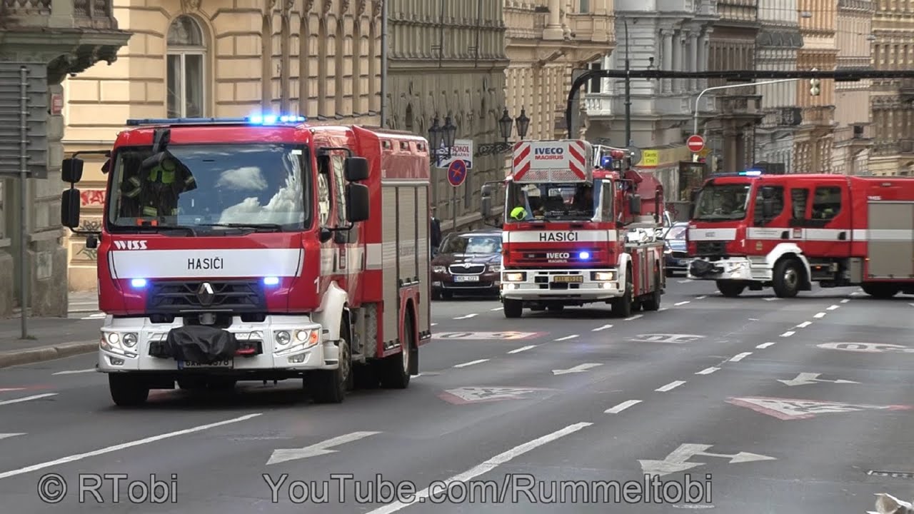 Prague Fire Dept. Iveco Spare Ladder + 2 Renault Engines responding *2-tones / air horn* [CZ 5.2022]