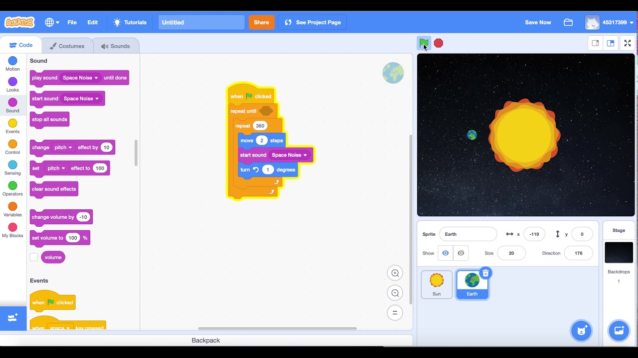 Coding through Scratch - Earth's rotation around the sun