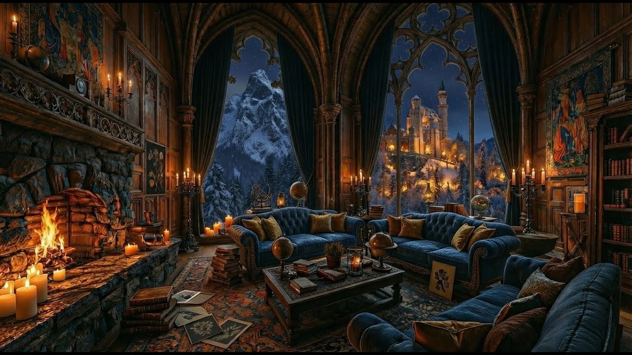 Dark Academia Library Ambience ❄️ Gentle snow & Crackling Fireplace | Winter Ambience (Deep Sleep )