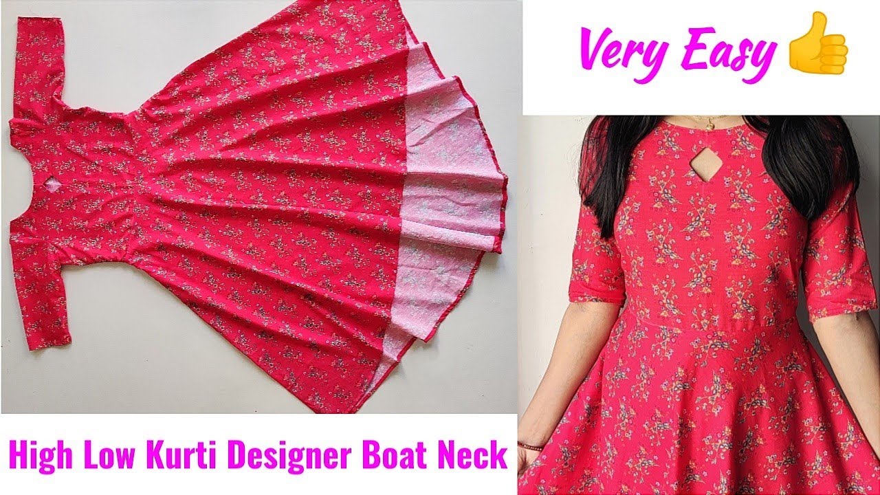 High Low Umbrella Kurti With Designer Boat Neck cutting and stitching