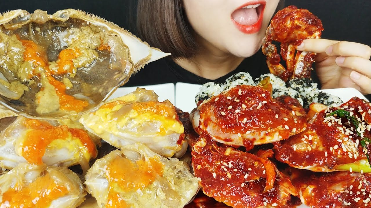 ASMR соевый соус сырой краб + острый сырой краб (корейская еда MUKBANG)
