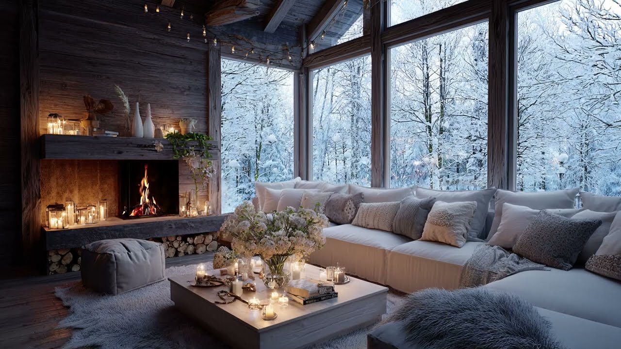 Snowy Mountain Peace: Soft Piano Music and Warm Fireplace in a Cabin for Relaxation