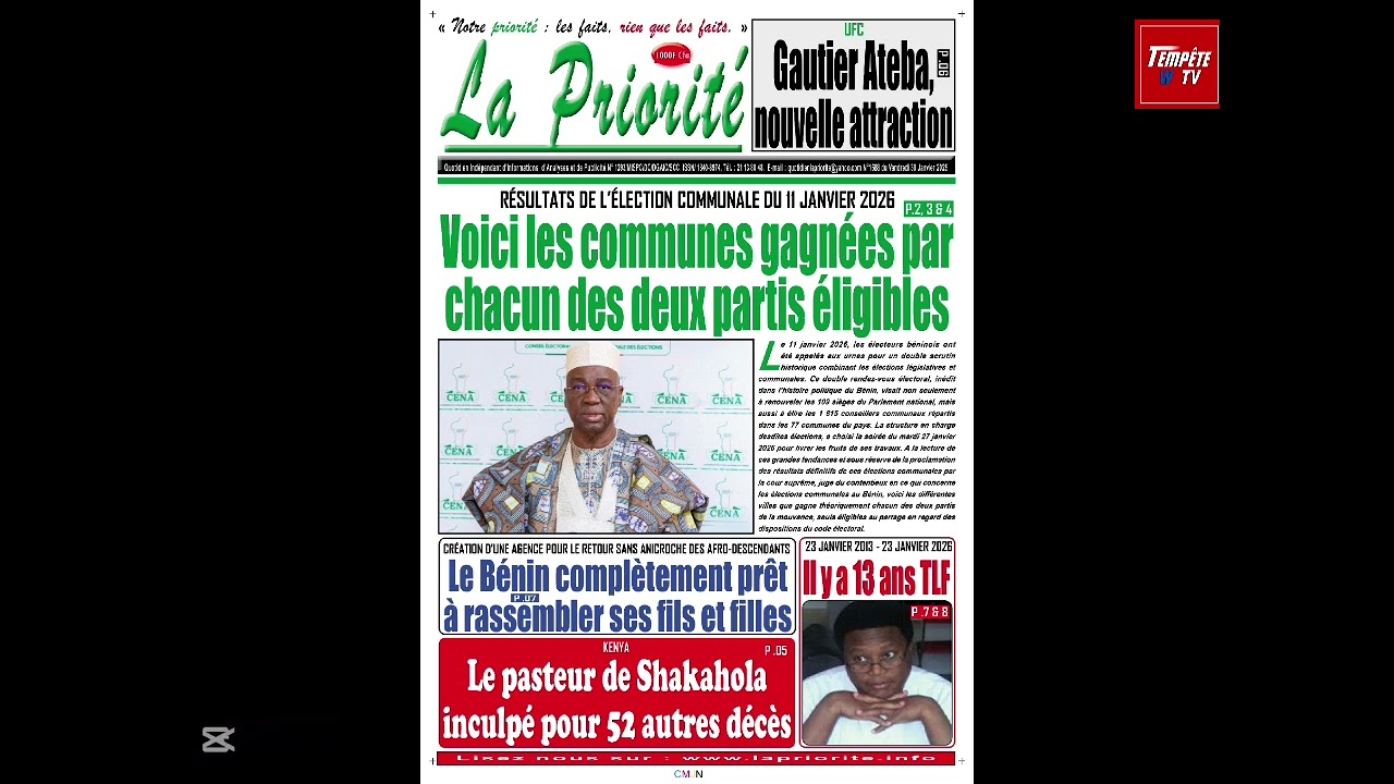 LA UNE DES JOURNAUX DU VENDREDI 30 JANVIER 2026 SUR TEMPÊTE WORLD TV