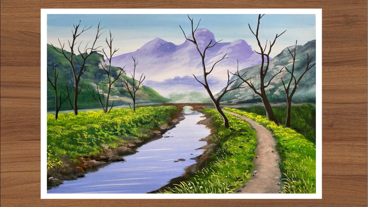 Poster colour painting | Easy landscape with mountains and river