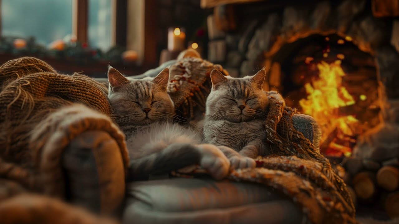 Warm Crackling Fire & Calm Cat | Peaceful Fireplace Ambience for Sleep, Study, Meditation, and Focus