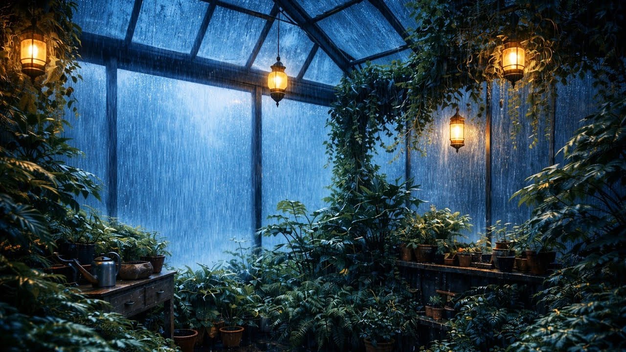 Heavy Rain in a Cozy Greenhouse 🌧️ Rain on Glass with Plants for Deep Sleep, Relaxation & Study