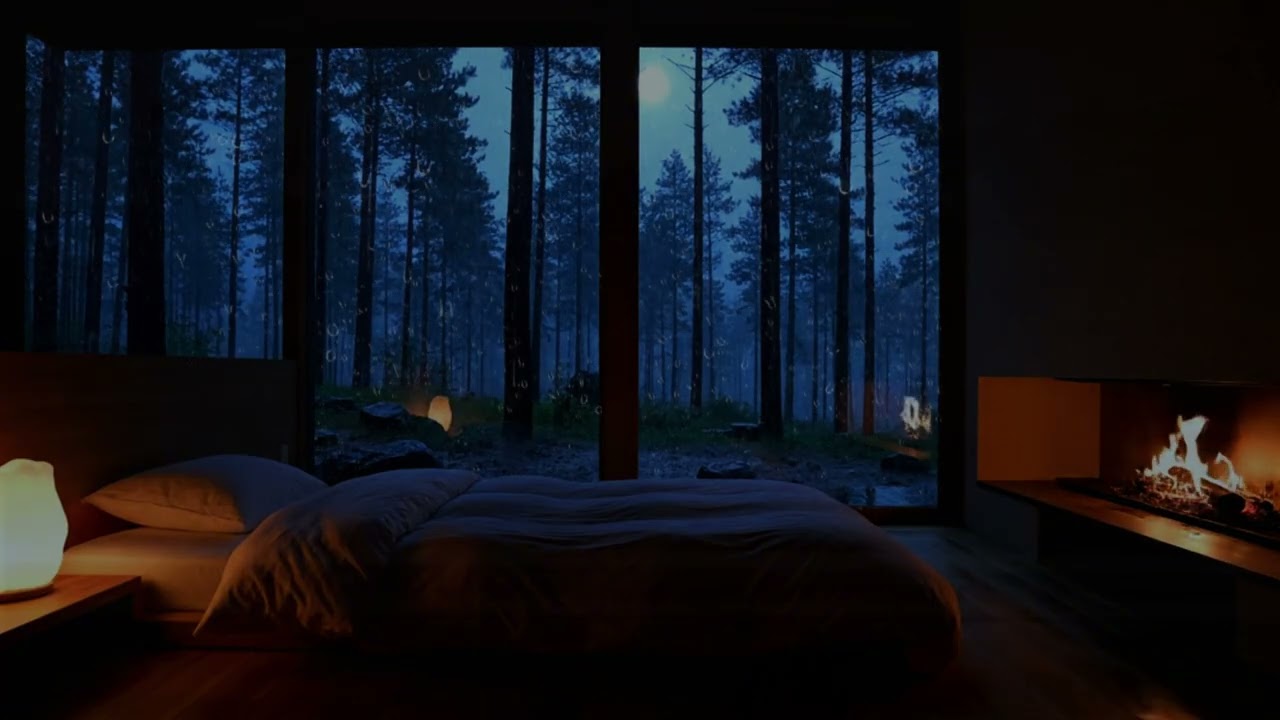 Cozy Cabin Nook Scene 🌧️ Warm Fireplace & Rain Forest Ambience for Deep Sleep