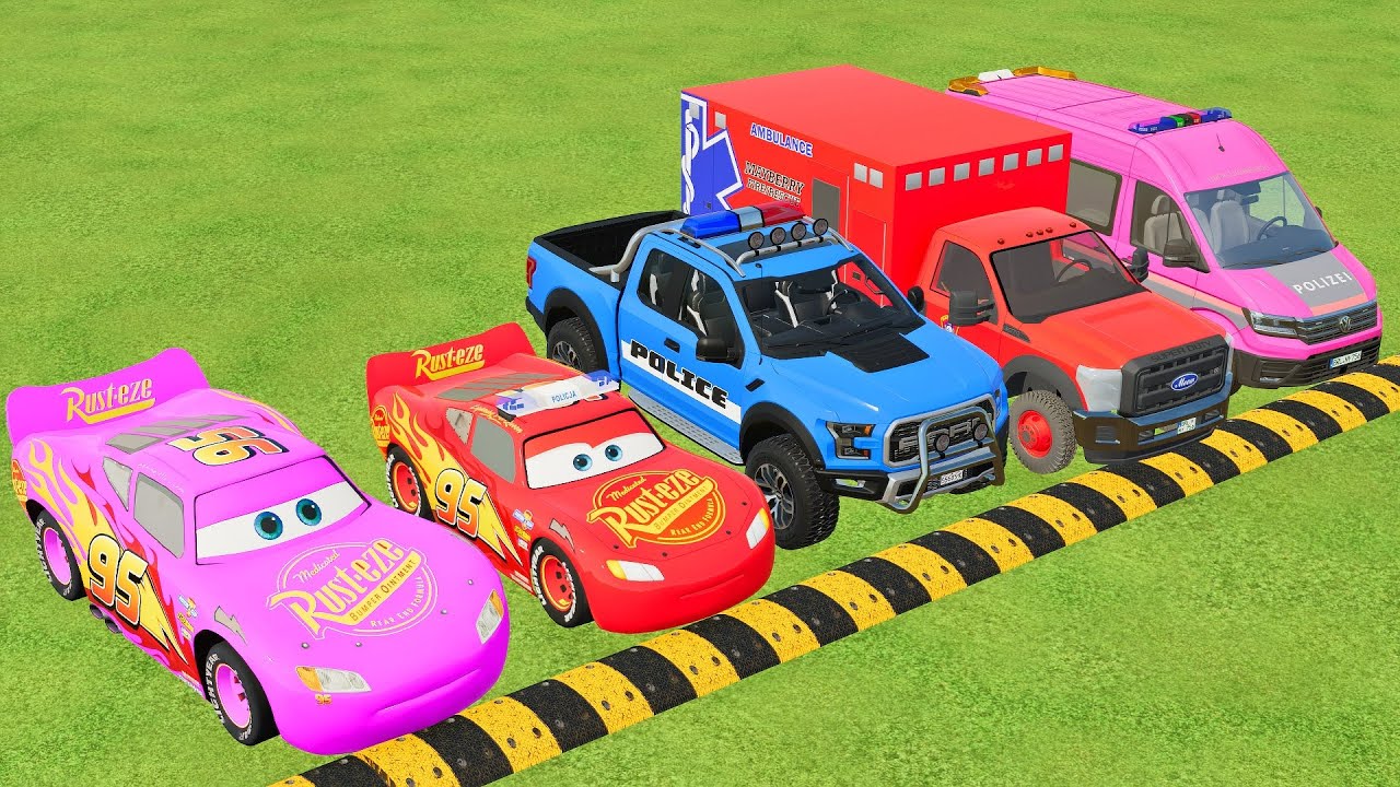 TRANSPORTING EMERGENCY DEPARTMENT CARS, AMBULANCE, POLICE CARS, FIRE TRUCK OF COLORS! - FS 22