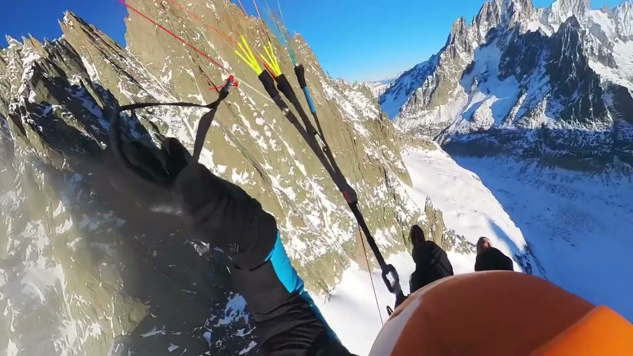Paragliding from the Midi, France in winter.