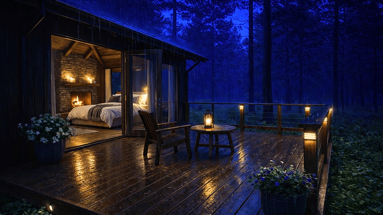 Heavy Soft Rain at Midnight Cabin | Deep Sleep, Relaxing Rain Sounds on Wooden Deck 🌧️🔥