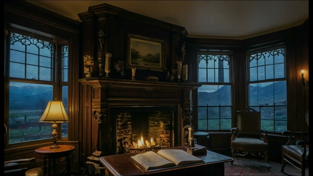 Rainy Victorian Study Ambience I Cozy Fireplace and Mountain View I Sleep ASMR