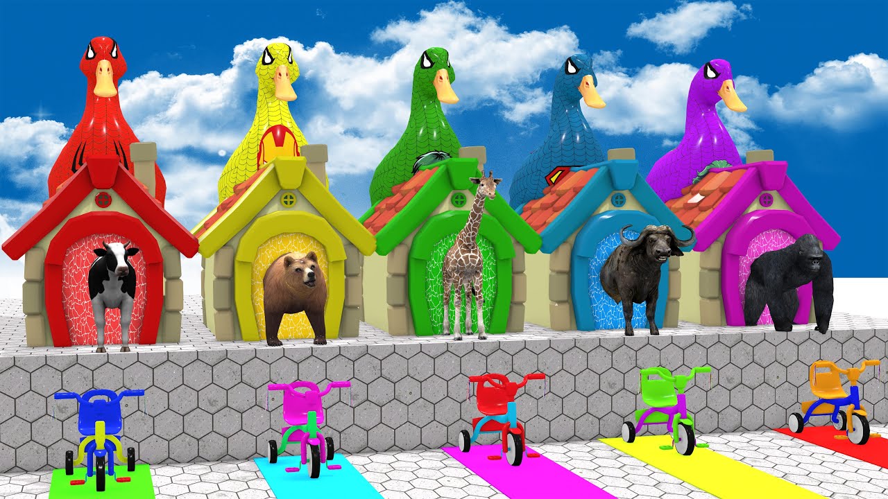 5 Giant Duck Game,Super Mario ,Tiger, Cow,Lion,Paint Wild Animals Crossing Fountain Animation