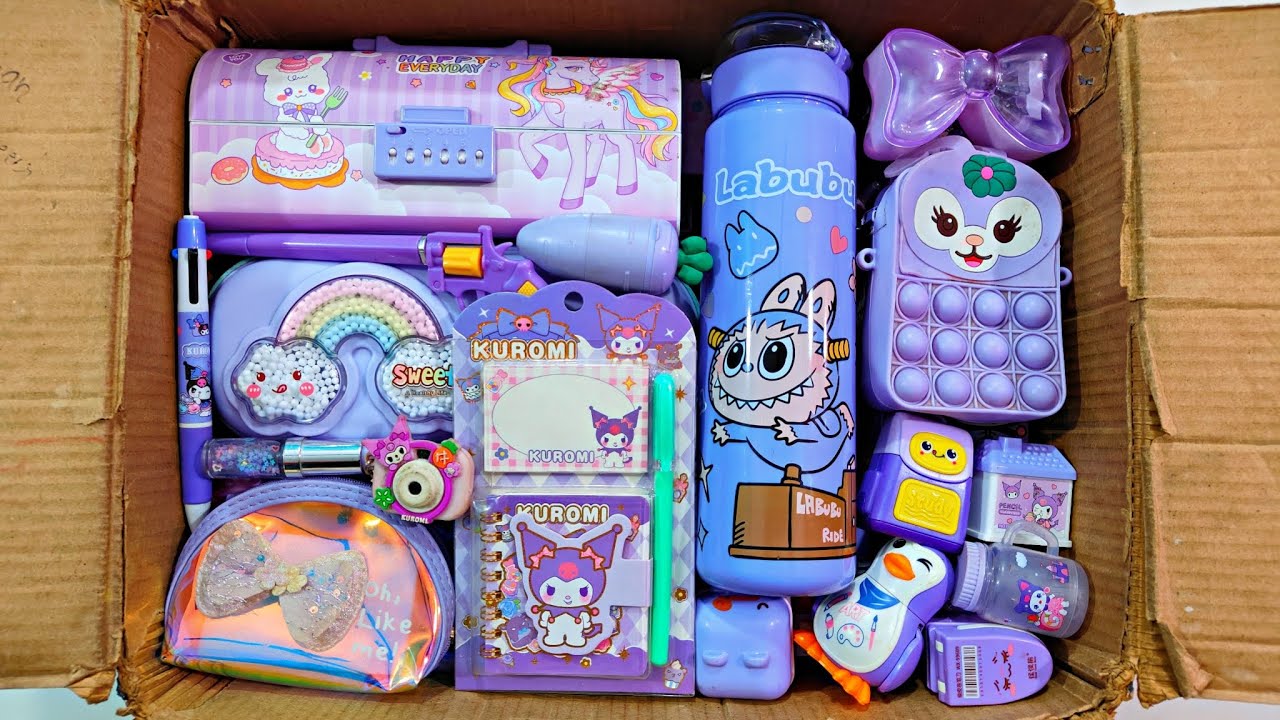 Unboxing Ultimate Purple Stationery 📚, Pencil Box With Password, Water bottle, Sharpener, Pouch, Kit