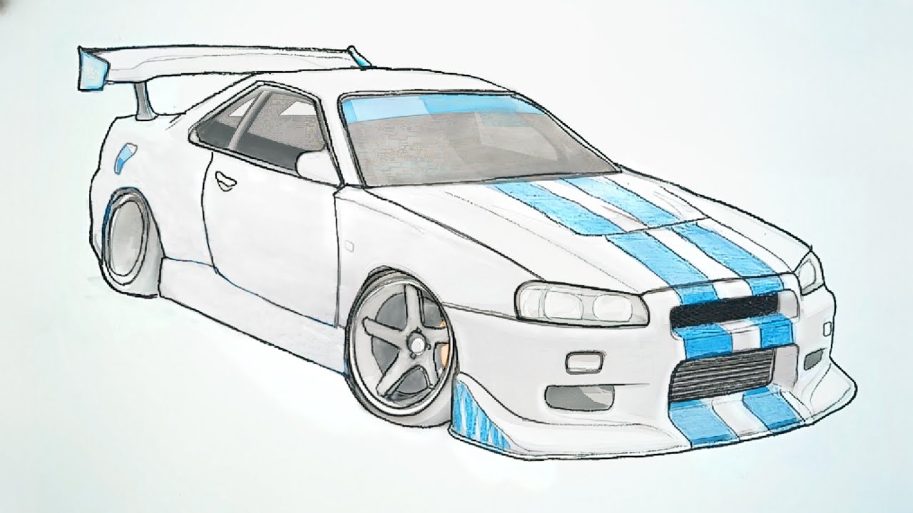 Как нарисовать спортивный автомобиль Nissan Skyline GT-R (R34) | Простой пошаговый урок 🔥