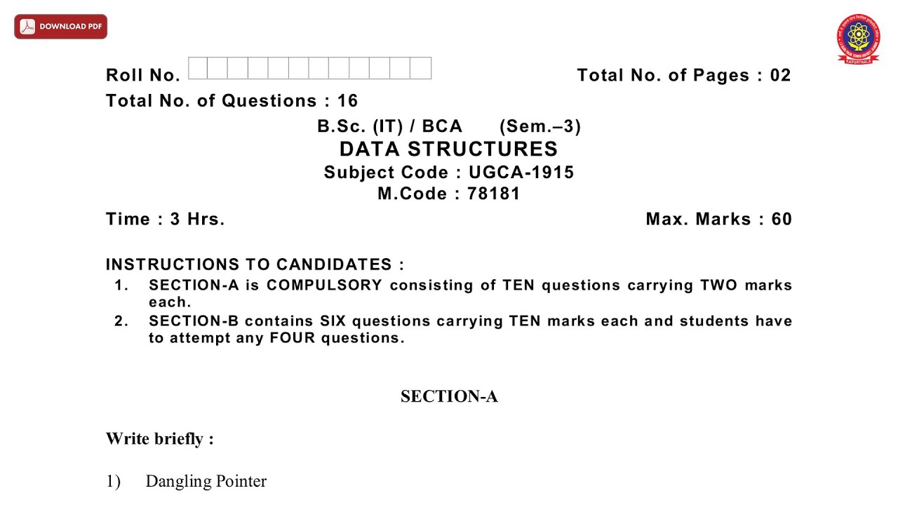BSC BCA 3RD SEM IT DATA STRUCTURES JAN 2021 | PTU