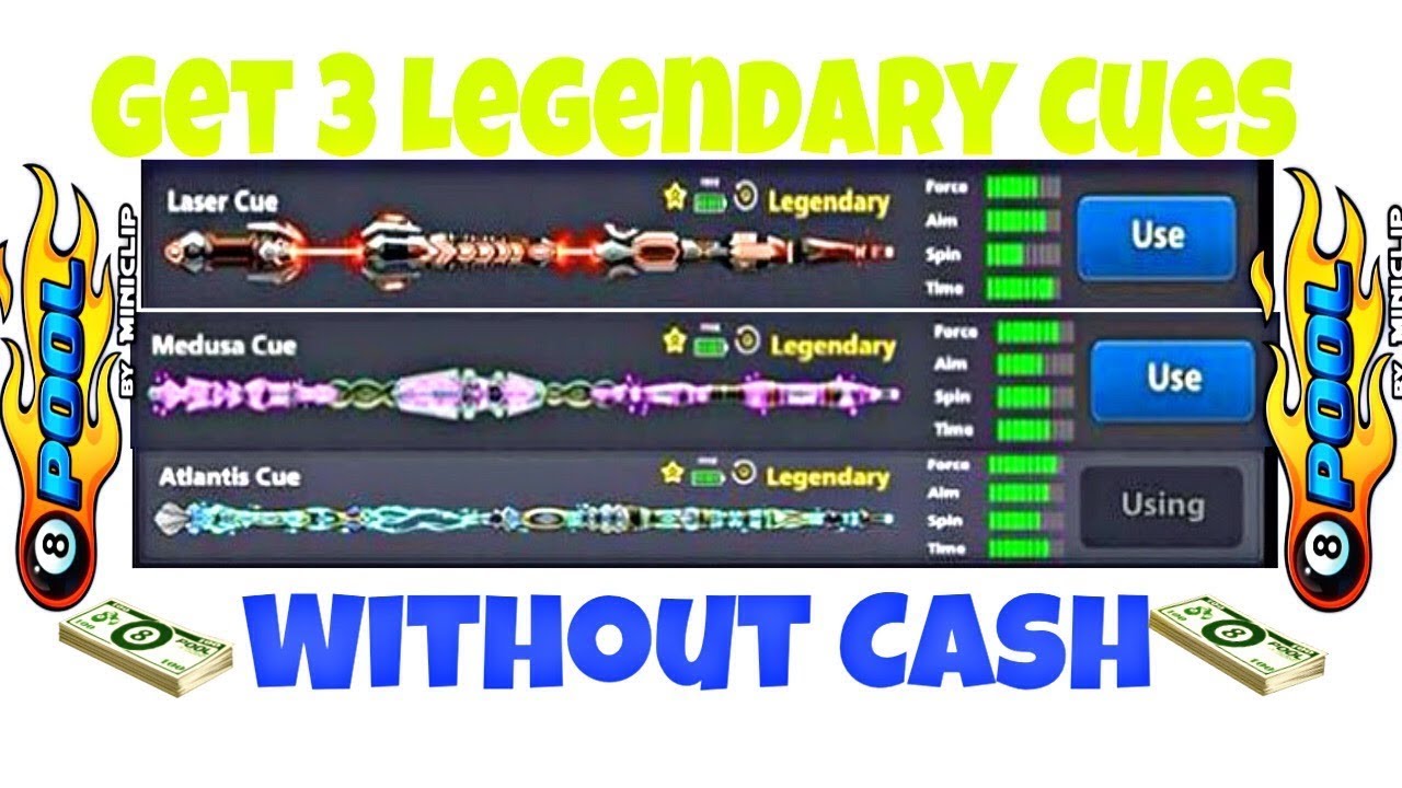 Get Free 3 Legendary Cues without Cash || MADUSA CUE  LASER CUE ATLANTIS CUE || 8 Ball Pool