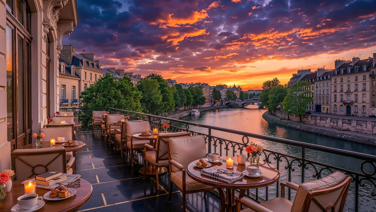 Elegant Paris Riverside Sunset Jazz | Luxury Terrace Café Ambience for Romantic Evenings