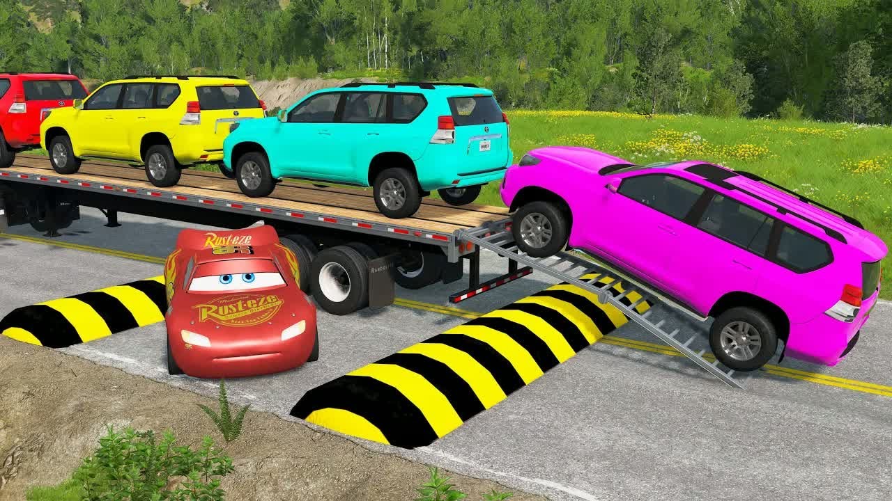 Flatbed Truck McQueen | Transportation with Truck - Pothole vs Car #4| BeamNG.Drive Gameplay