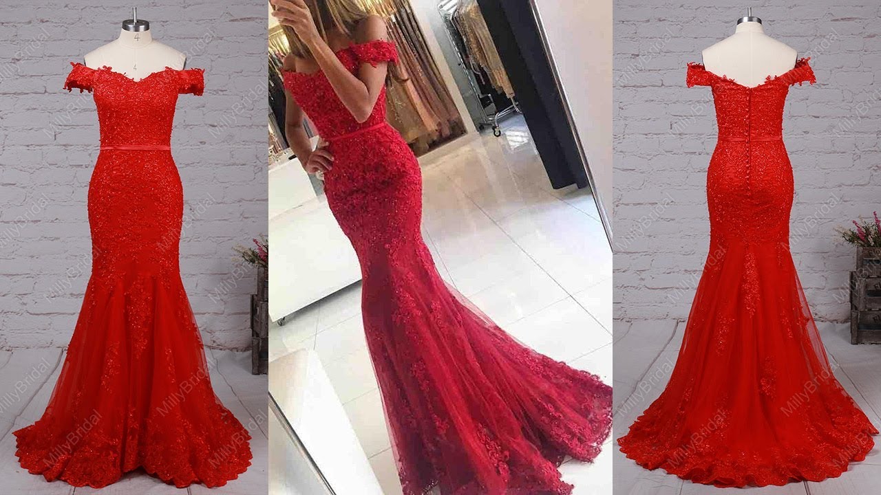 Long Mermaid Off-the-shoulder Tulle Appliques Lace Prom Dresses - MillyBridal