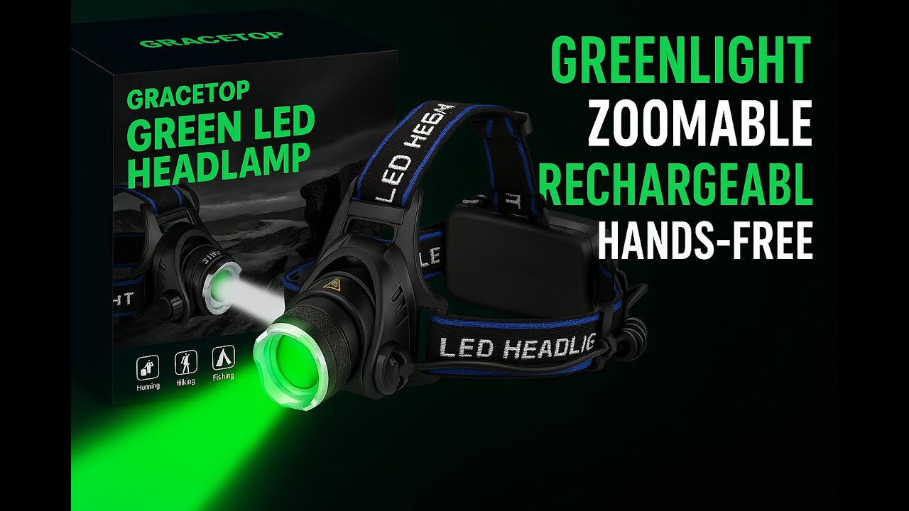 GRACETOP Green LED Headlamp Waterproof Head Torch Light with Zoomable and 3 Mode