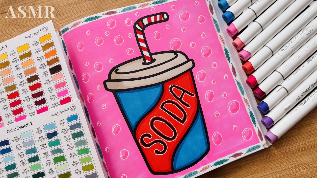 ASMR Coloring Cute Soda Cup 🥤 | Relaxing Alcohol Marker Sounds | No Talking