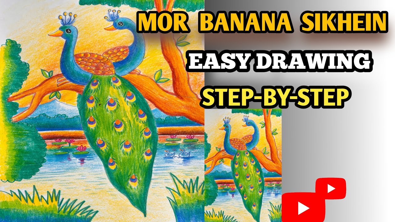 Beautiful Peacock Scenery Drawing with Crayons colour 🎨🖌️