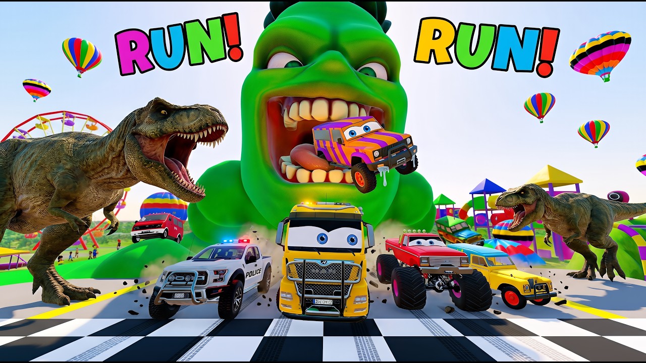 RUN! Police Cars, Emergency Vehicles  Escape Giant Dinosaur 🦖 | Farming Simulator 22