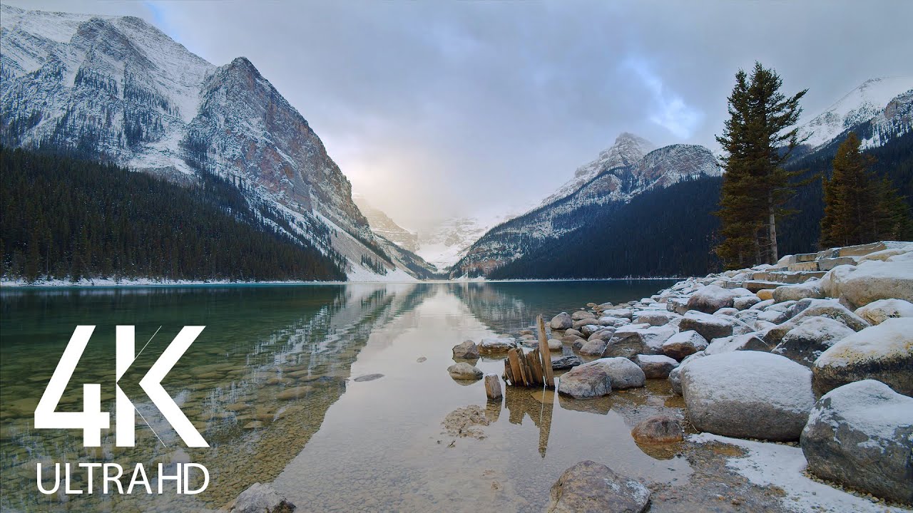 8HRS of Relaxing Lake Waves and Wind Sounds - 4K Peaceful Serenity of Winter Lake Louise, Canada