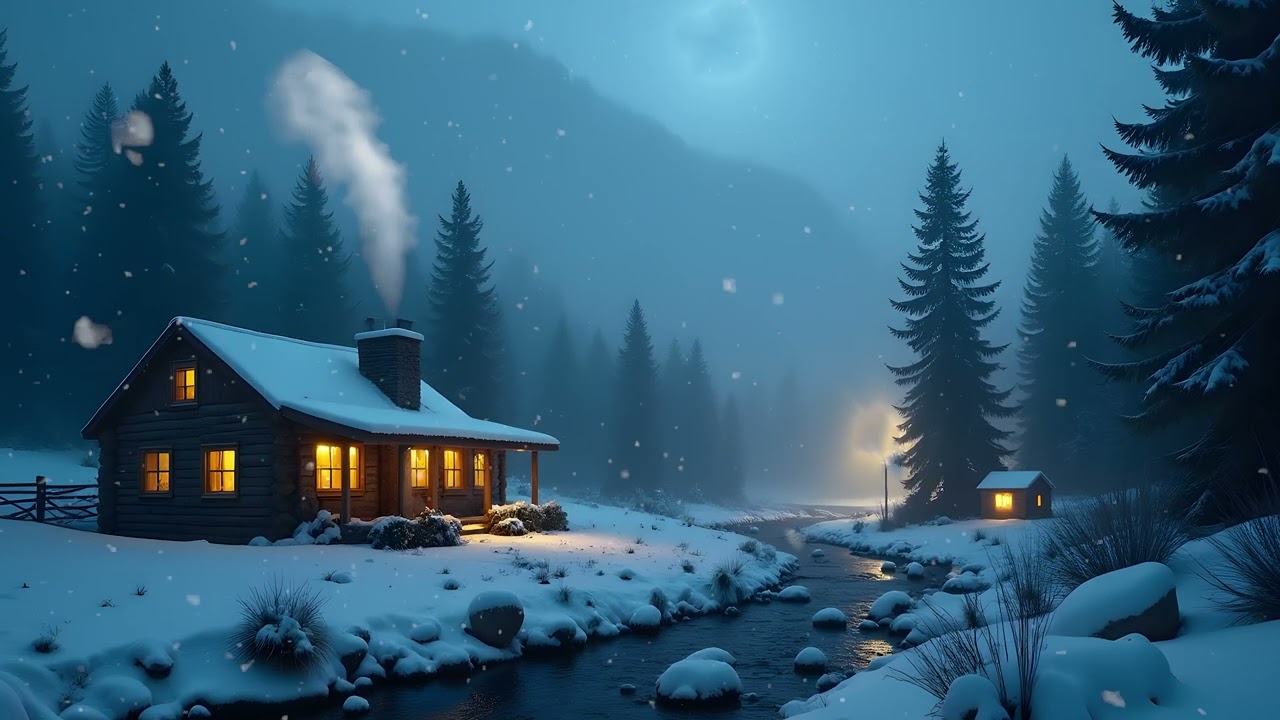 Snowy Cabin Night – Peaceful Winter Forest Cabin & Creek Stream (4K Ambient Video)