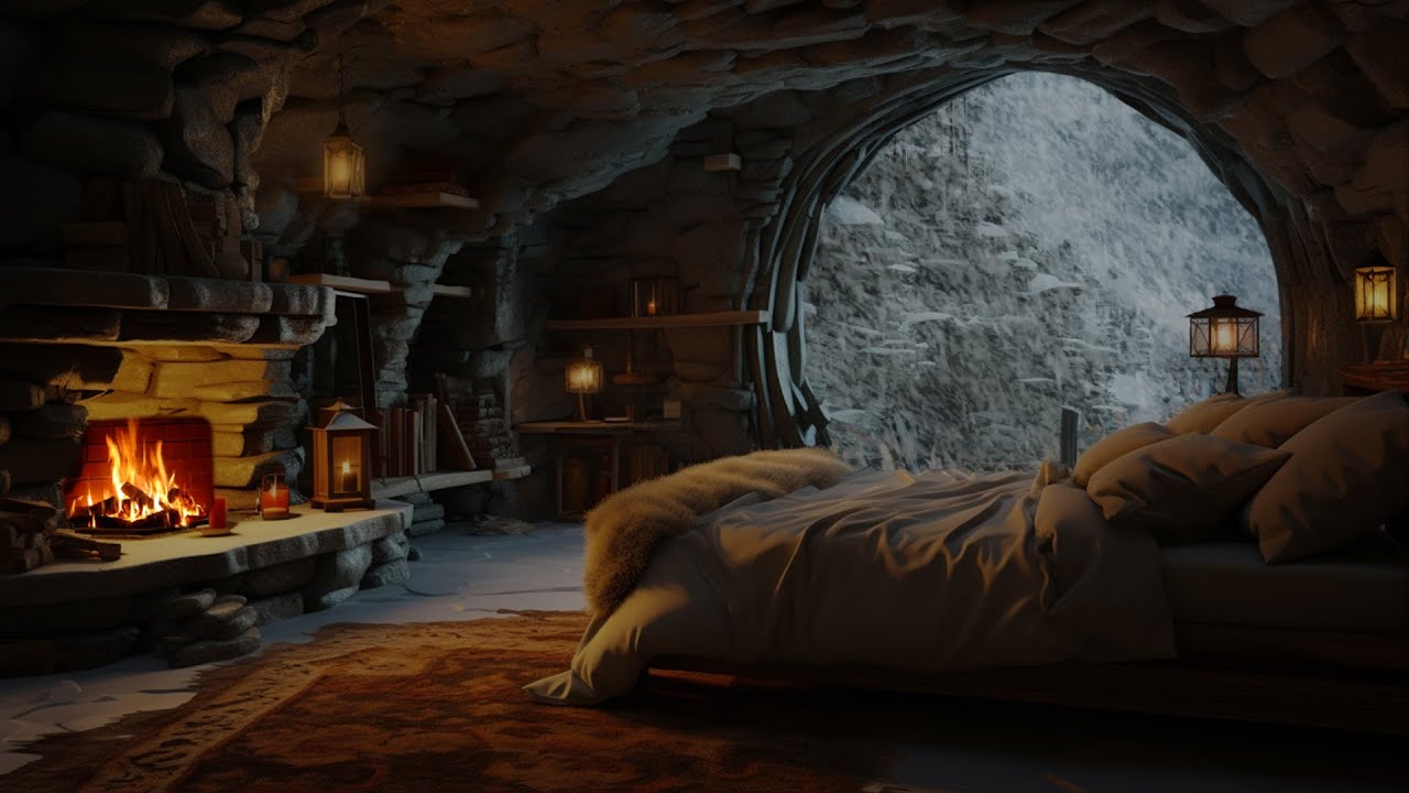 Winter Cave Bliss ❄️Snowstorm & Campfire Sounds in a Cozy Nook for Enhanced Health and Relaxation