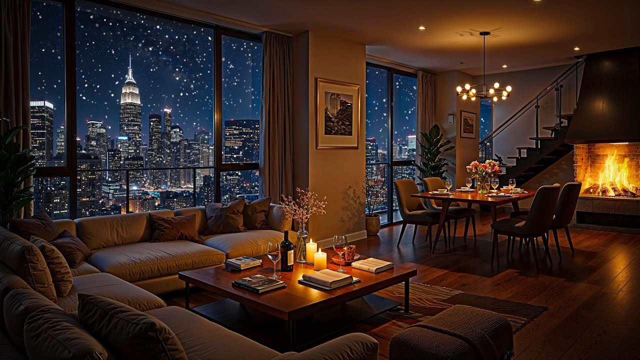 Warm Night Apartment Ambience 🌙 Soft Jazz Piano Music with Fireplace for Focus