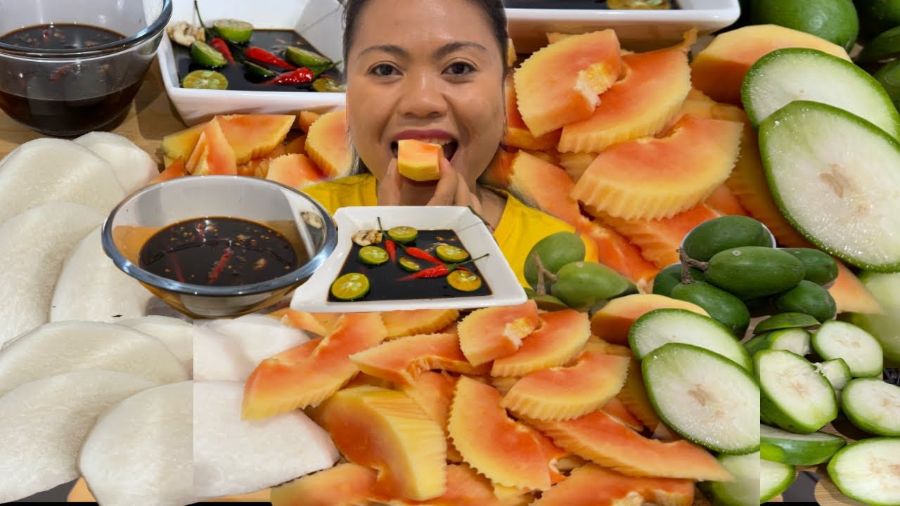 ASMR SOUR AMBARELLA( JUNE PLUM ) PAPAYA SINGKAMAS WITH SPICY SAUCE VINEGAR & KALAMSI MUKBANG