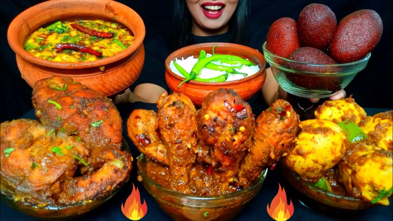 ASMR:EATING SPICY CHILLI CHICKEN LEG,BIG FISH & CAPSICUM EGG CURRY,KHICHDI,RICE,KALOJAM #hungrygirl