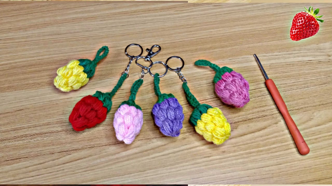 كروشيه ميدالية على شكل فراولة بغرزة الباف / Crochet porte clé fraise au point de puff