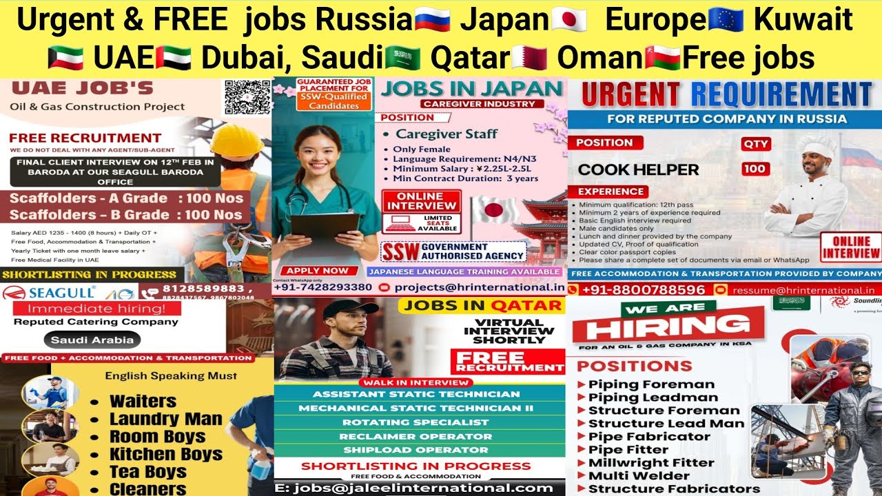 Urgent & FREE  jobs Russia🇷🇺 Japan🇯🇵  Europe🇪🇺 Kuwait🇰🇼 UAE🇦🇪 Dubai, Saudi🇸🇦 Qatar🇶🇦 Oman🇴🇲Free jobs