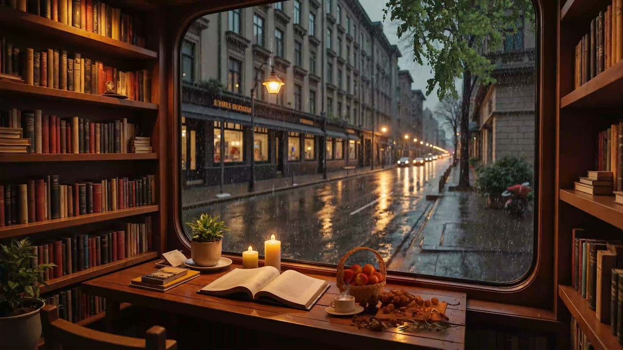 Rainy Library Jazz 🌧️ Cozy Window Reading Room with Candlelight & European Street View