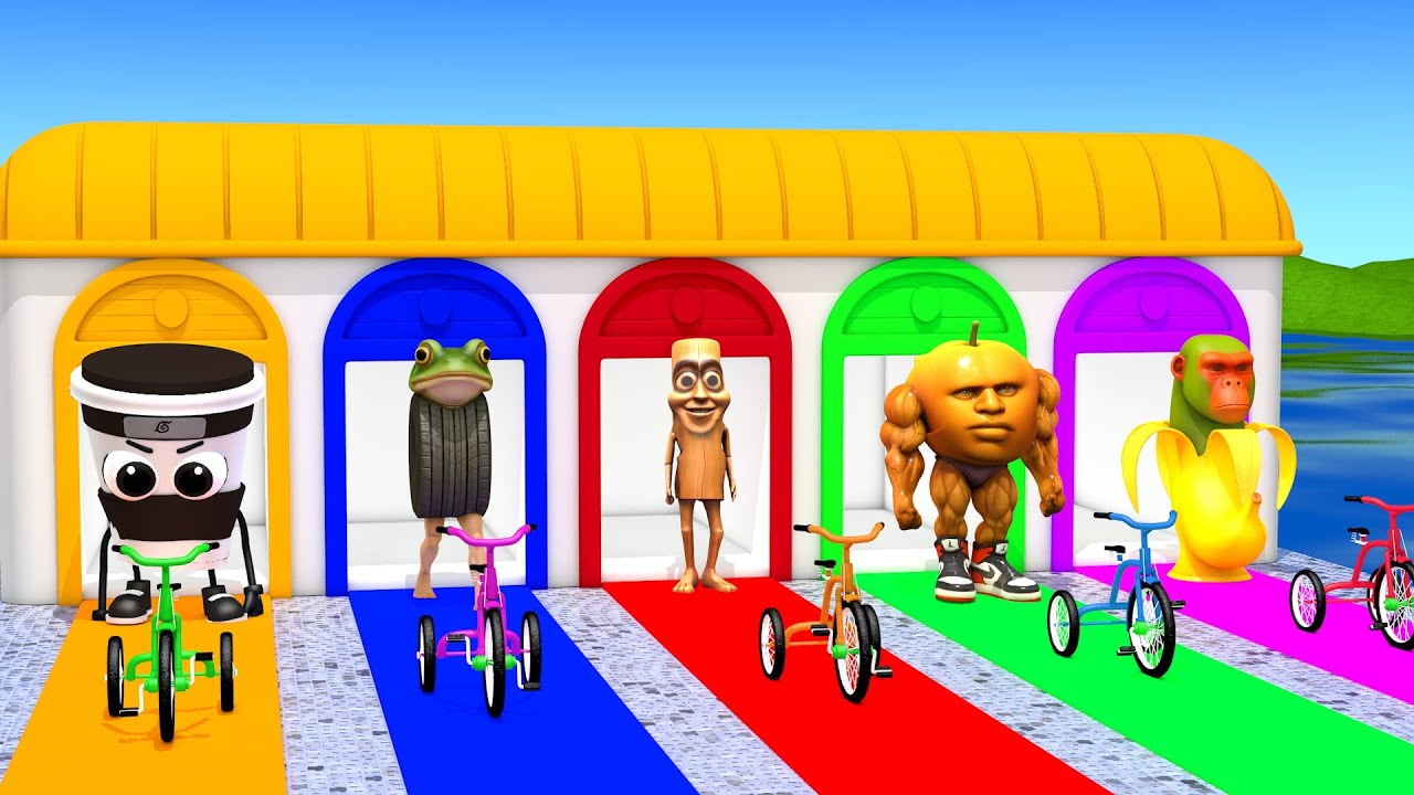 Длинная горка с коровой, слоном, гориллой, бегемотом, тигром, 3D-игра с животными, забавные 3D-жи...