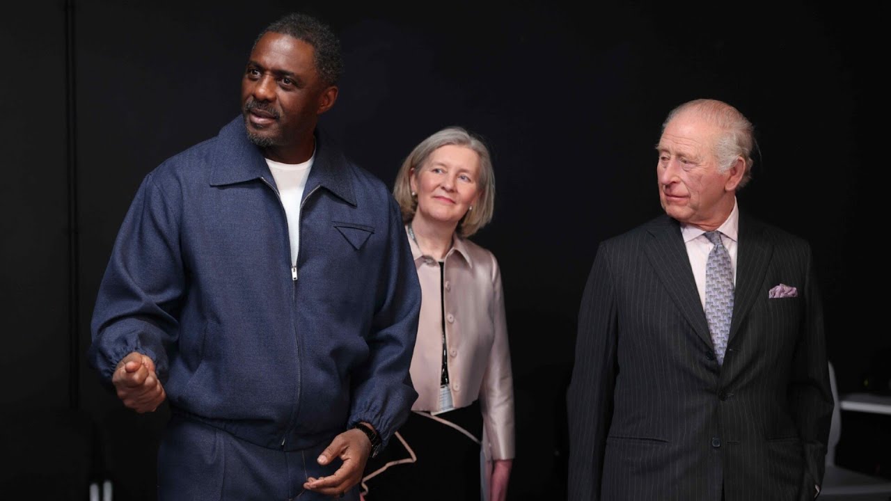 King Charles and Queen Camilla meet Idris Elba while touring college