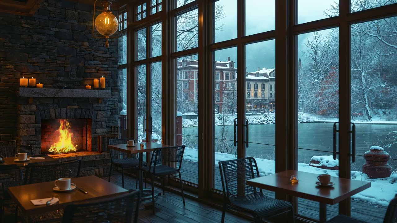 Elegant Winter Café by the Snowy River ❄️ Cozy Jazz & Crackling Fireplace Glow | Ambience for Peace