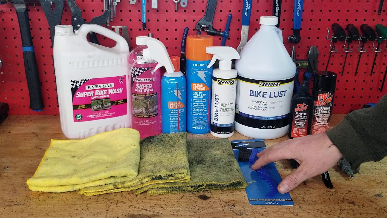 Everything I use to clean and lubricate a bicycle. Bicycle tuneup cleaning supplies.