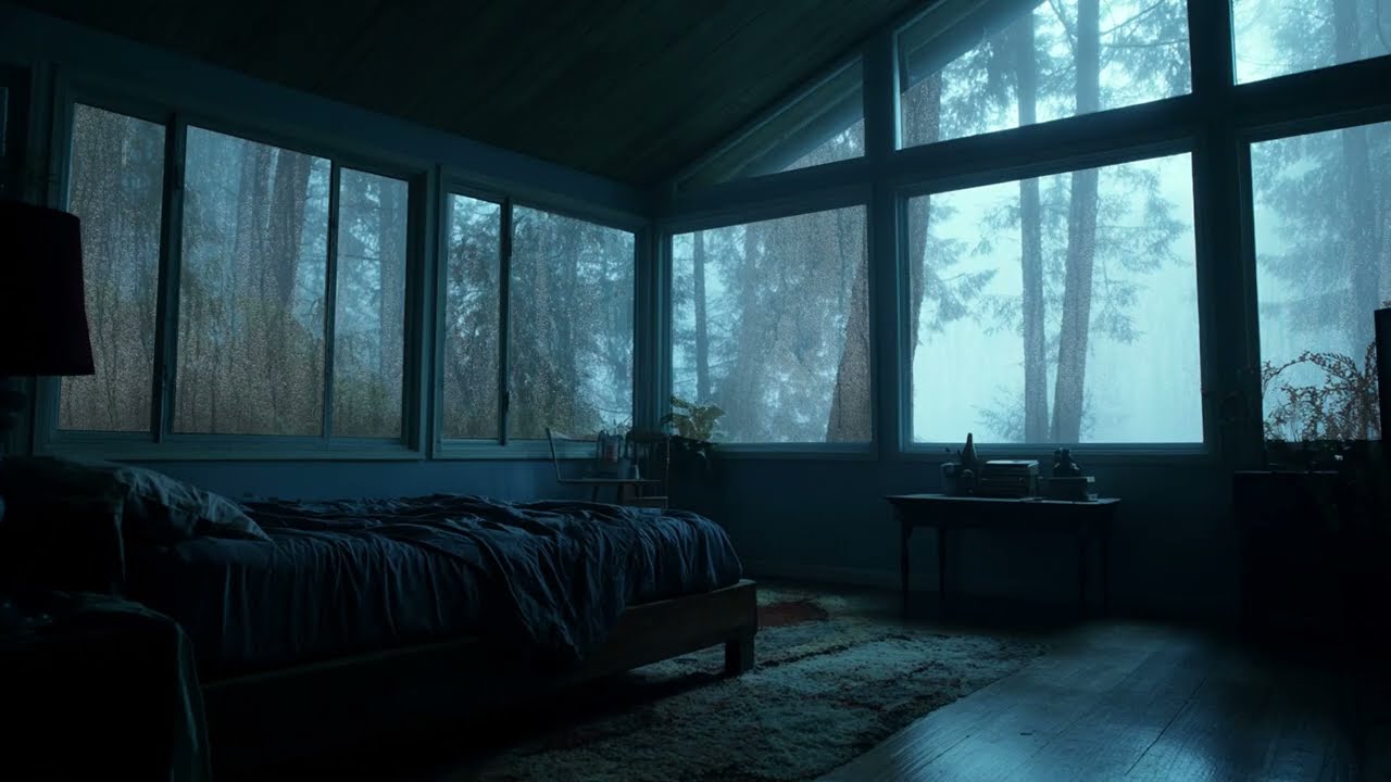 Cozy Forest Bedroom Rain on Window - Soothing Rainstorm Ambience for Study and Relaxation