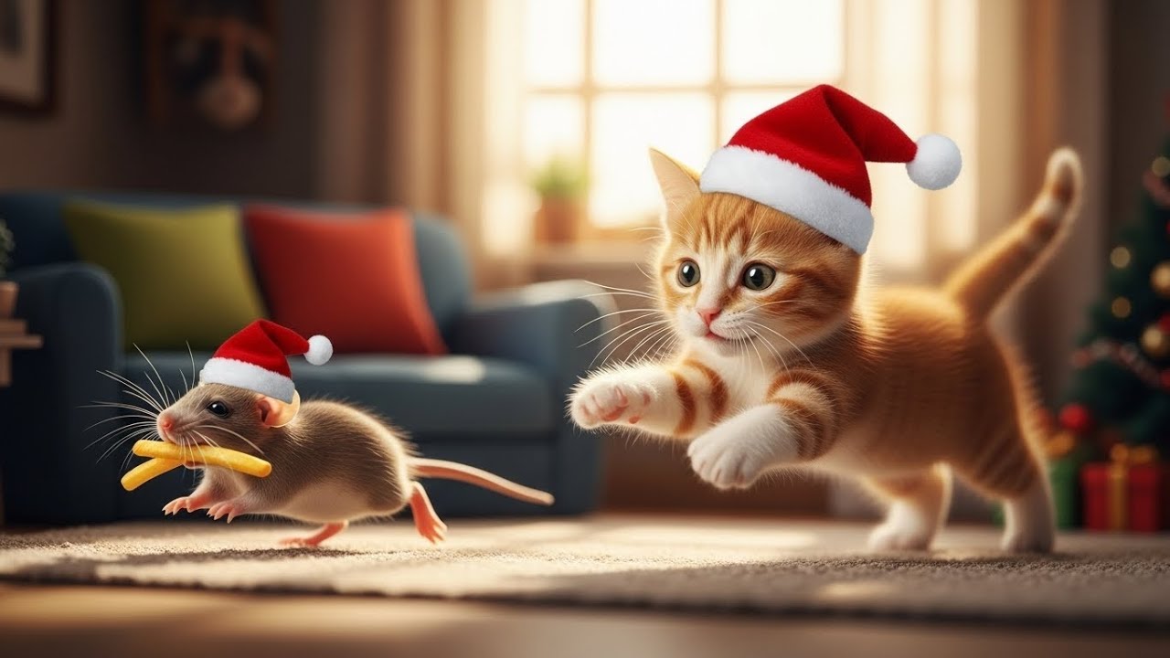 Mama Cat Trims Fur on the Farm and Makes kitten and mouse chasing🐾🎩🐯