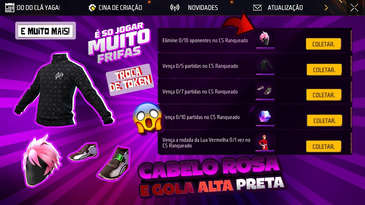 GARENA CAPRICHOU!! CABELO SOMBRA ROSA GRÁTIS, GOLA ALTA PRETA, SAPATO ASTRO E MUITO MAIS - FREE FIRE