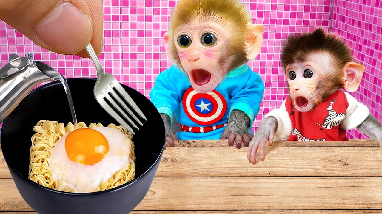 Funny Baby Monkey Bi Bon cook spicy noodles with friends | Animals Home Monkey