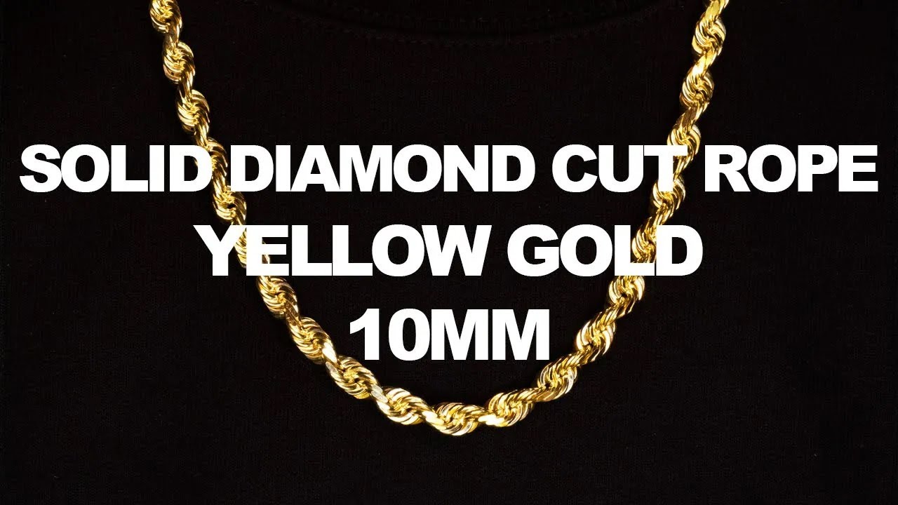 LoveBling Yellow Gold 10mm Solid Diamond Cut Rope Chain Necklace with Lobster Lock (16