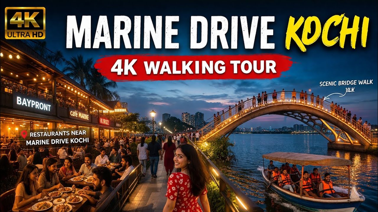 Marine Drive Kochi 4K Walking Tour l Marine Drive Kochi Boating #4kwalkingtour 