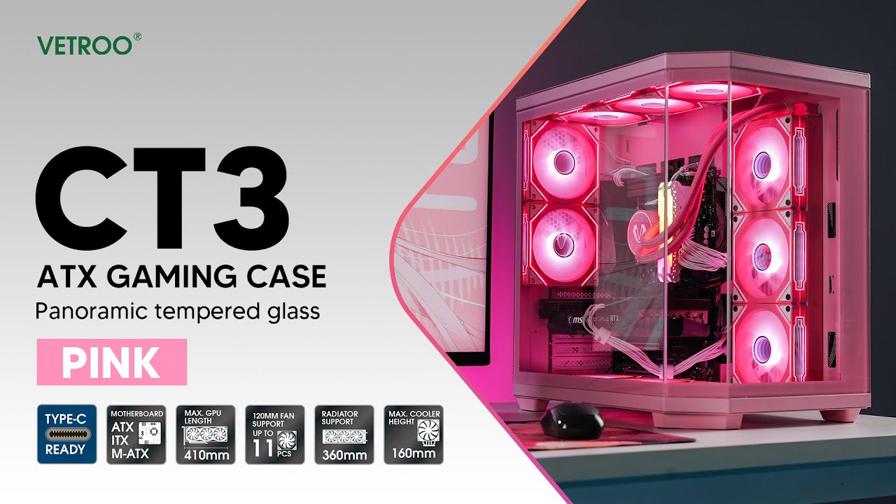 Vetroo CT3 ATX Gaming Computer PC Case - 💗Pink💗